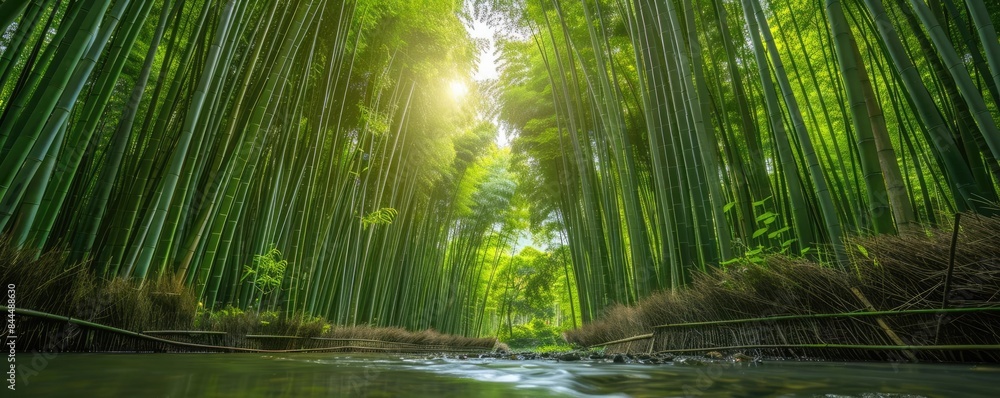 Poster serene view of a lush bamboo forest with sunlight filtering through, creating a tranquil atmosphere 