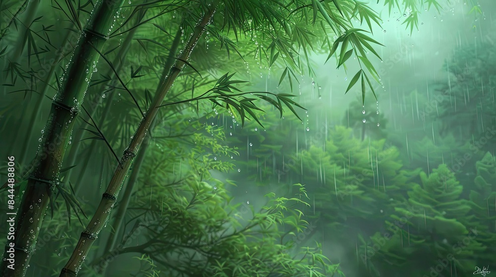 Poster lush green bamboo forest in a serene misty setting with sunlight filtering through the foliage, crea
