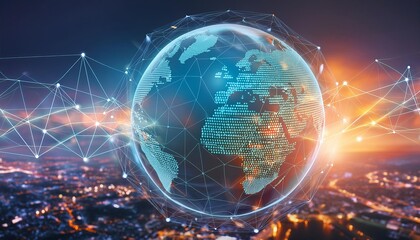 Obraz premium A glowing globe connected by network lines and nodes, set against a backdrop of a vibrant cityscape at dusk. 