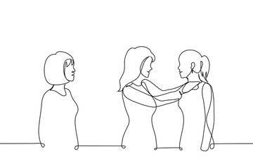 woman envies the joyful mutual meeting of two close women - one line art vector. concept of woman hating her bgirlfriend's female friend, jealous of a friend, woman upset about lesbians
