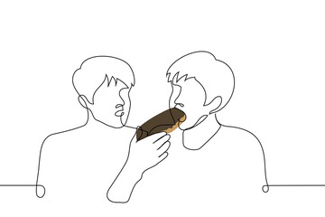 man eats a huge churros covered in chocolate, the other watches him - one line art vector. concept of sweet tooth, envying someone else's metabolism