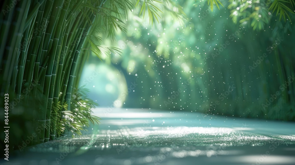 Poster serene bamboo forest path with sunlight filtering through, creating a tranquil and peaceful atmosphe