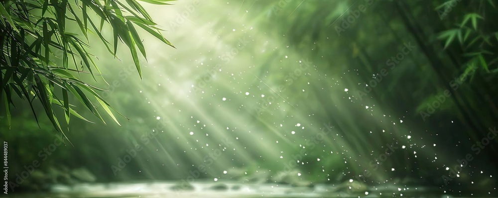 Poster serene bamboo forest with rays of sunlight filtering through the trees, creating a peaceful and calm