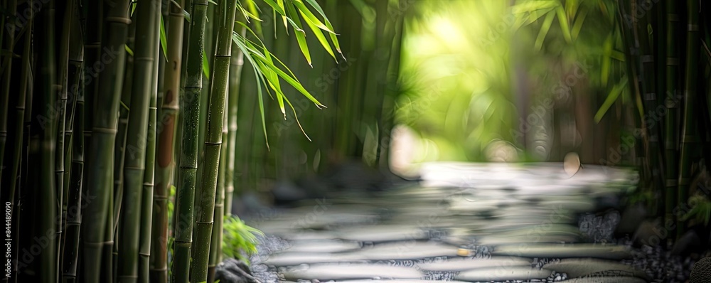 Poster serene bamboo forest path with sunlight filtering through lush green leaves, creating a tranquil and