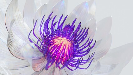 Highly detailed 3D digital artwork of a white flower with iridescent petals and a vibrant purple...