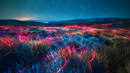 Nighttime Meadow Illuminated with Vibrant Light Trails and Geometric Shapes