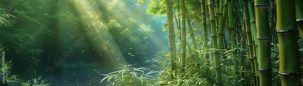 Poster sunlight streams through dense bamboo forest, creating a serene and tranquil atmosphere with lush gr