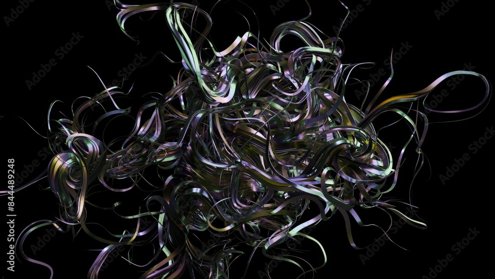 Poster abstract 3d digital animation of chaotic metallic ribbons floating freely in space, featuring a mix 
