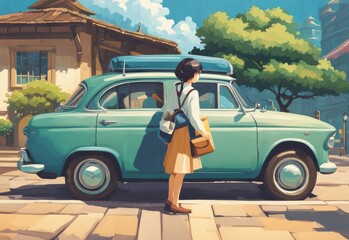 Illustration of a girl who loves traveling, carrying a suitcase, reading a travel guide in anime, watercolor and cartoon style.