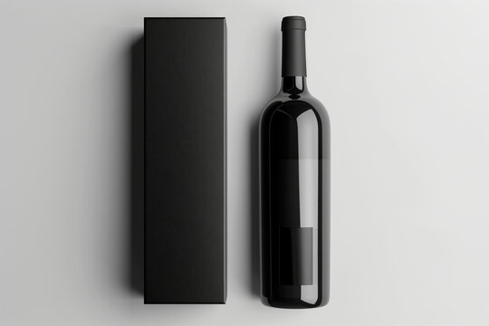 bottle of wine, A black wine bottle with a label and a closed black box packaging mockup isolated on a white background