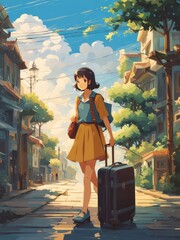Illustration of a girl who loves traveling, carrying a suitcase, reading a travel guide in anime, watercolor and cartoon style.