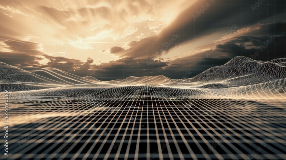 Poster generate an immersive photo with an abstract wireframe landscape fading into the horizon against a s