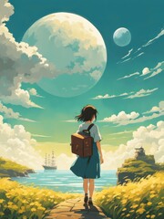 Illustration of a girl who loves traveling, carrying a suitcase, reading a travel guide in anime, watercolor and cartoon style.