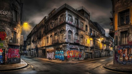 Obraz premium A gritty, atmospheric photo of a cityscape at night, with a mix of old and new architecture