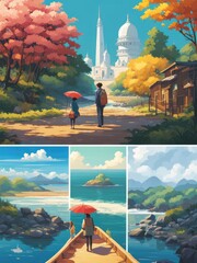 Illustration of a girl who loves traveling, carrying a suitcase, reading a travel guide in anime, watercolor and cartoon style.