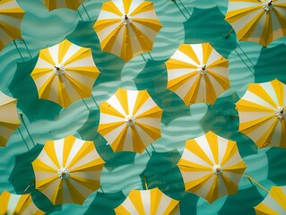 Abstract background with yellow and white striped umbrellas, floating on turquoise water

