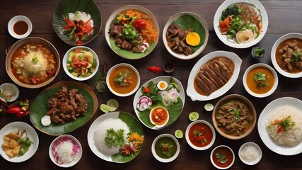 A variety of Indonesian dishes displayed on a wooden table, including meats, vegetables, sauces, and rice dishes. The dishes are served in white plates and bowls, surrounded by garnishes and flowers.