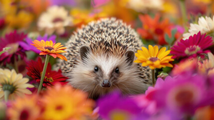 An adorable hedgehog with its spines raised, exploring a garden filled with colorful flowers