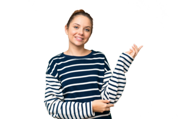 Young blonde woman over isolated chroma key background extending hands to the side for inviting to come