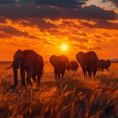 Fototapeta premium Witness the majestic sight of a herd of elephants gracefully migrating across the savanna during the dry season, a harmonious blend of nature's resilience and the timeless rhythm of wildlife