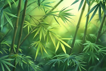 Lush green bamboo forest illuminated by soft sunlight with dew drops on leaves, creating a tranquil and serene atmosphere.