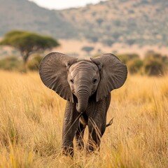 Fototapeta premium Witness the majestic sight of a herd of elephants gracefully migrating across the savanna during the dry season, a harmonious blend of nature's resilience and the timeless rhythm of wildlife