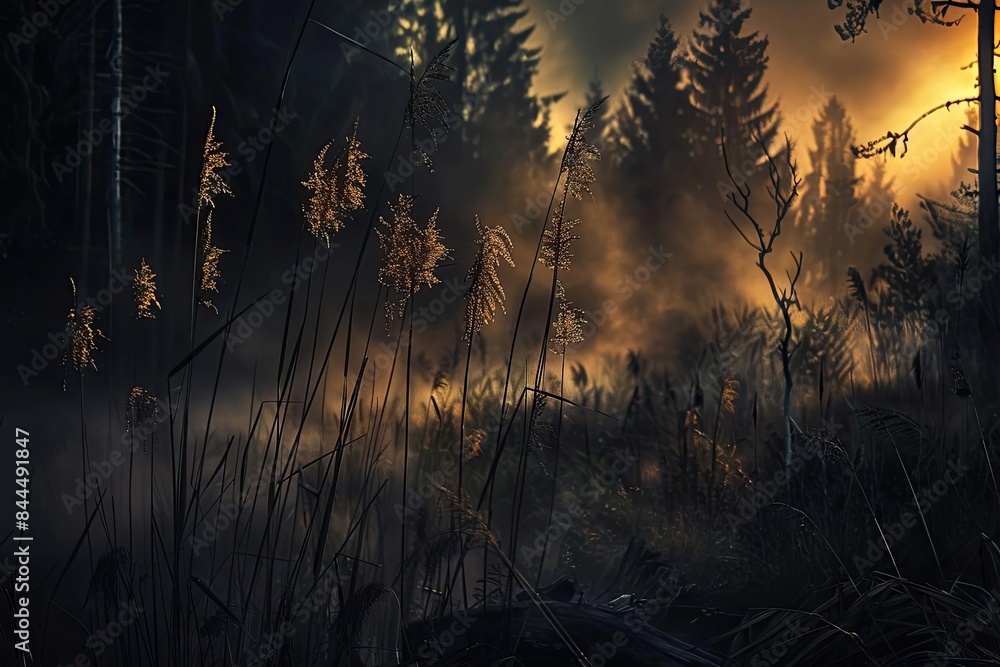Poster moody forest scene at dusk with golden light filtering through trees and highlighting tall grasses, 