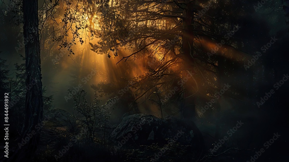 Poster magical sunlight filtering through dense forest trees, creating a mystical and serene atmosphere in 