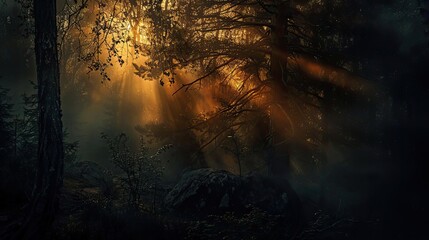 Fototapeta premium Magical sunlight filtering through dense forest trees, creating a mystical and serene atmosphere in nature.
