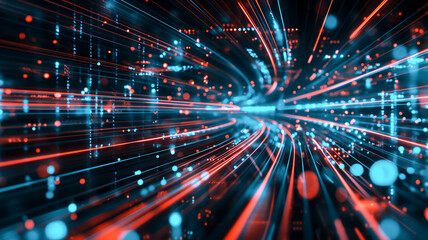 High-Speed Data Stream Visualized as Glowing Light Trails in a Digital Tunnel