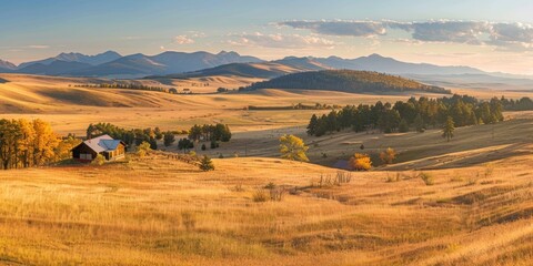 Fototapeta premium A secluded cabin nestled in the rolling hills of Montana, bathed in the warm glow of the setting sun. The surrounding landscape is a tapestry of golden grasslands and distant mountain peaks