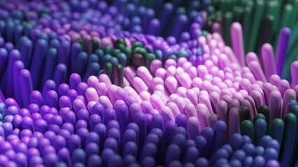 Striking 3D digital art depicting dense arrays of cylindrical shapes in deep shades of purple to soft lilacs, evoking a calming yet vibrant texture