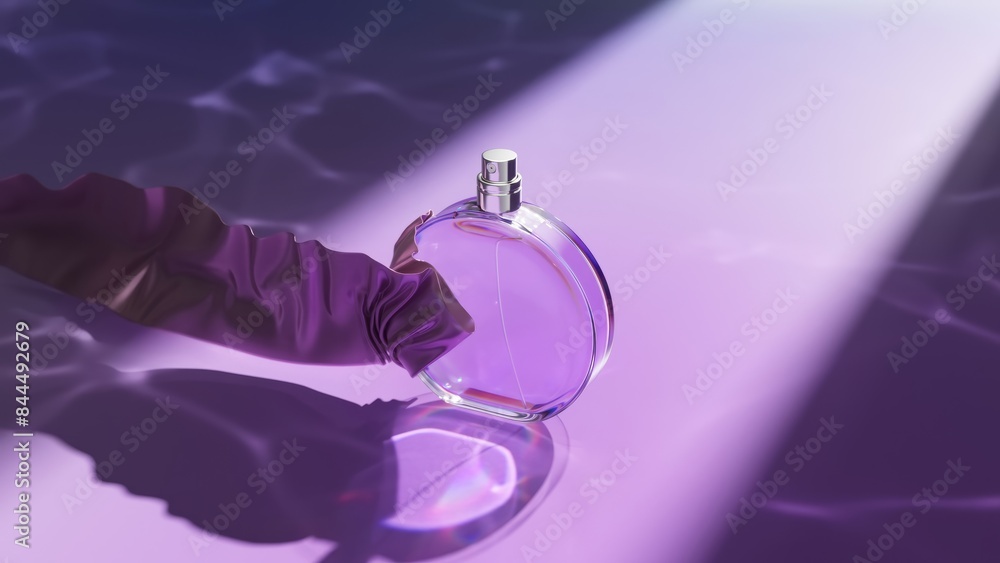 Poster modern 3d rendering of a perfume bottle on a vibrant purple wavy surface with dynamic lighting and r