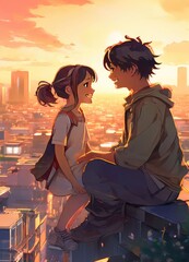 an Indian boy and girl discussing with each other while smiling kindly in a city with anime and cartoon style