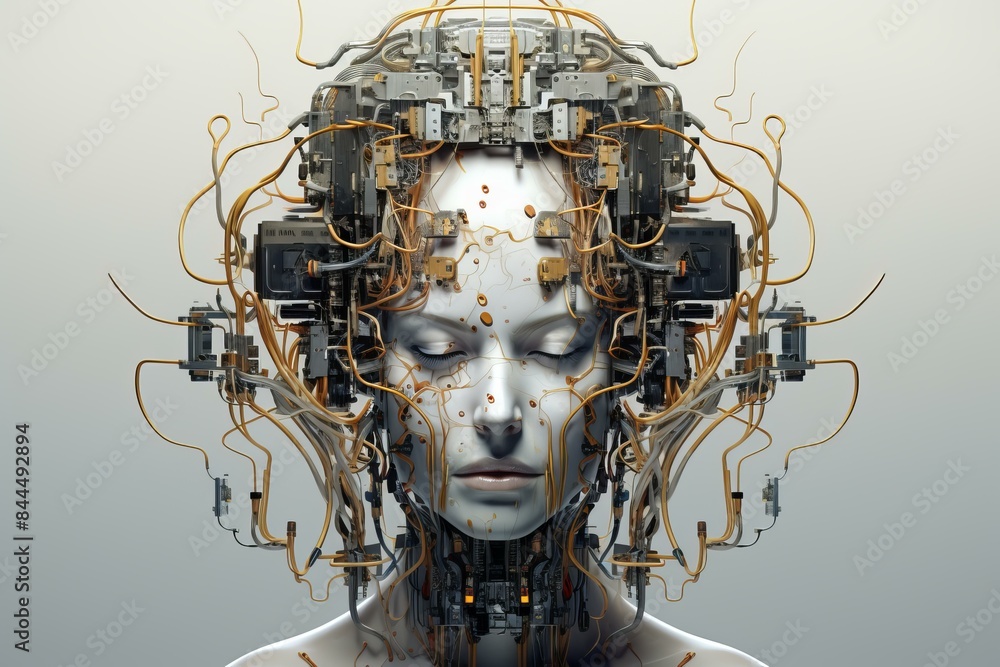 Poster a visually intricate representation of a human-robot hybrid with a complex network of circuits and c