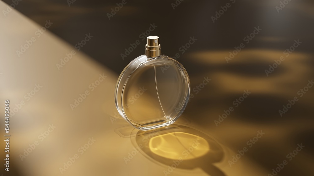 Poster luxurious 3d rendering of a perfume bottle with golden fabric fluttering around on a glossy surface 