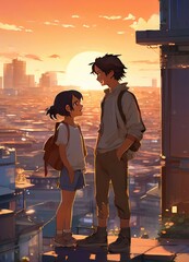 an Indian boy and girl discussing with each other while smiling kindly in a city with anime and cartoon style