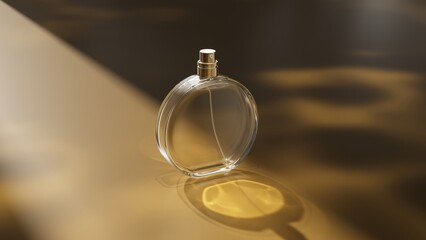 Luxurious 3D rendering of a perfume bottle with golden fabric fluttering around on a glossy surface...