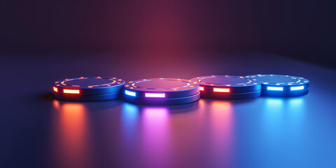 Glowing round podium with blue red rays night scene
