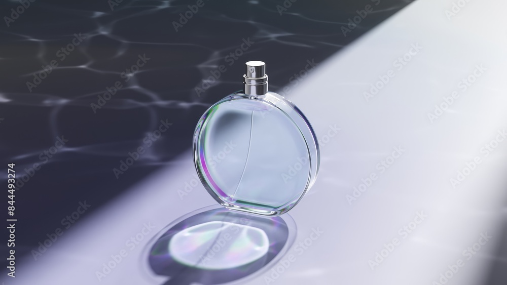 Poster 3d rendering of a sleek perfume bottle illuminated by aqua light on a reflective surface with a soft