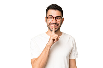Young handsome caucasian man over isolated chroma key background showing a sign of silence gesture...
