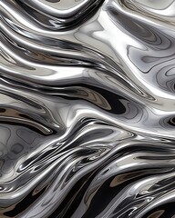 Abstract liquid metal texture with fluid waves and glossy reflective surface in monochrome tones, creating a futuristic and elegant visual appeal.