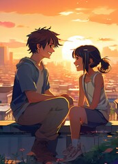 an Indian boy and girl discussing with each other while smiling kindly in a city with anime and cartoon style