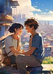 an Indian boy and girl discussing with each other while smiling kindly in a city with anime and cartoon style