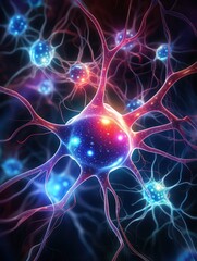 Fototapeta premium Close-up of a neural network, showcasing glowing neurons and connections in a vibrant, illuminated, scientific illustration.