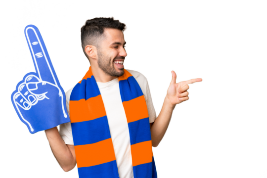 Young caucasian sports fan man over isolated chroma key background pointing finger to the side and presenting a product