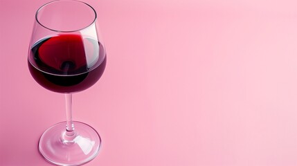 Glass with red wine lying on pink background, top view. Space for text