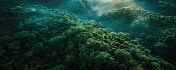 Obraz premium A breathtaking aerial view of a lush green forest under a cloudy sky, showcasing nature's beauty and serene landscape.