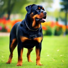 A Rottweiler standing in a bright garden, an image generated by artificial intelligence