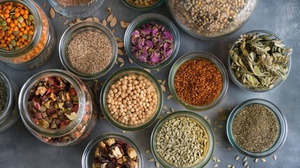 top view of various eco-friendly plant based products and food ingredients